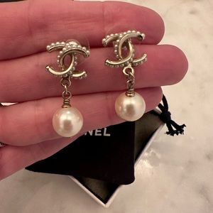 CHANEL CC Pearl and Gold Drop Earrings